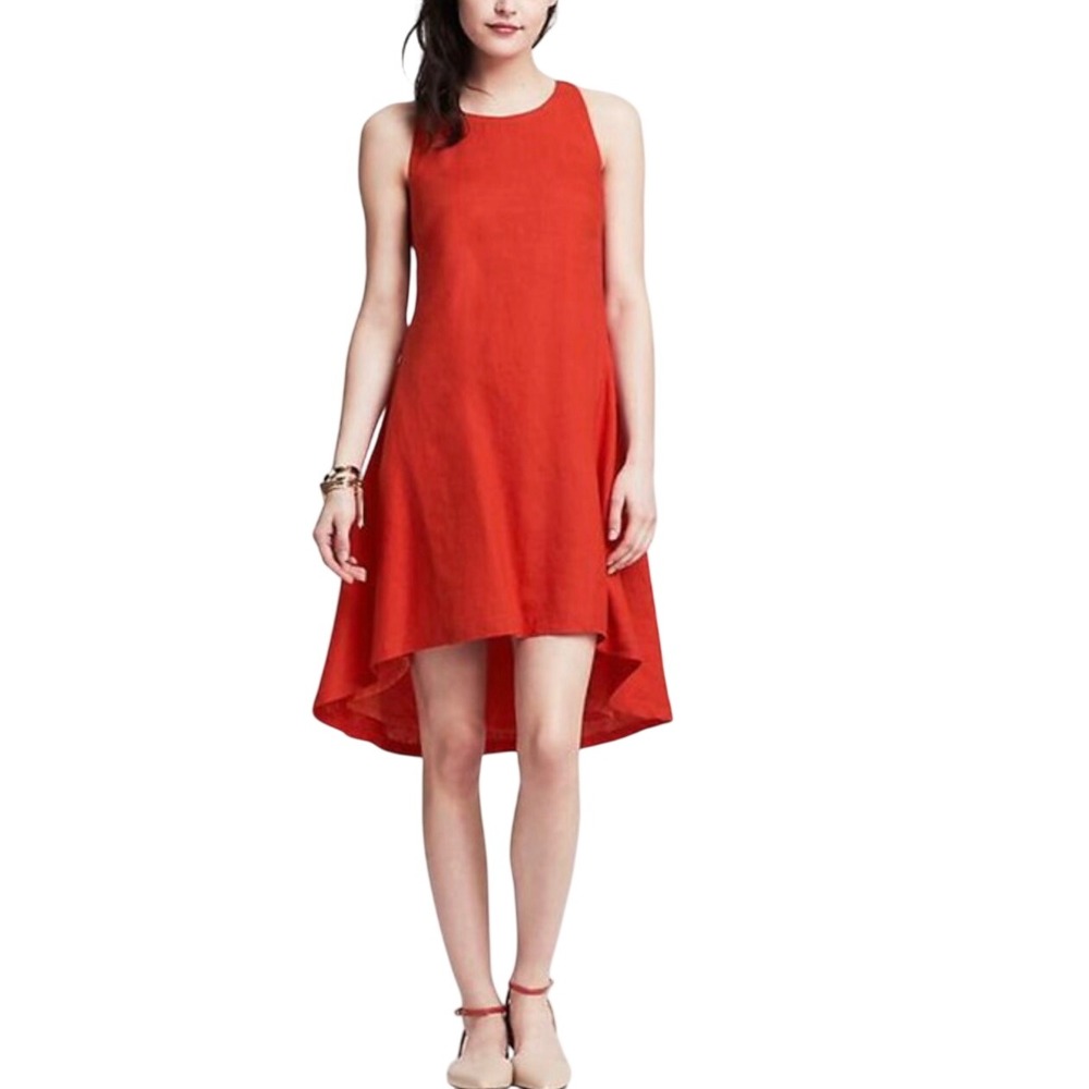 Banana Republic Brick‎ Red Orange 100% Linen Sleeveless High Low Dress Size 0P